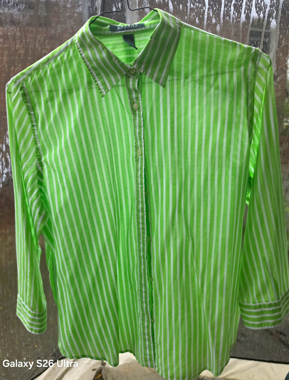 Lauren Ralph Lauren L Green/White Striped Woven Cotton 3/4 Sleeves Button-Up